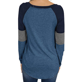 Womens Color Block Round Neck Tunic Top Casual Long Sleeve Shirt-Blue