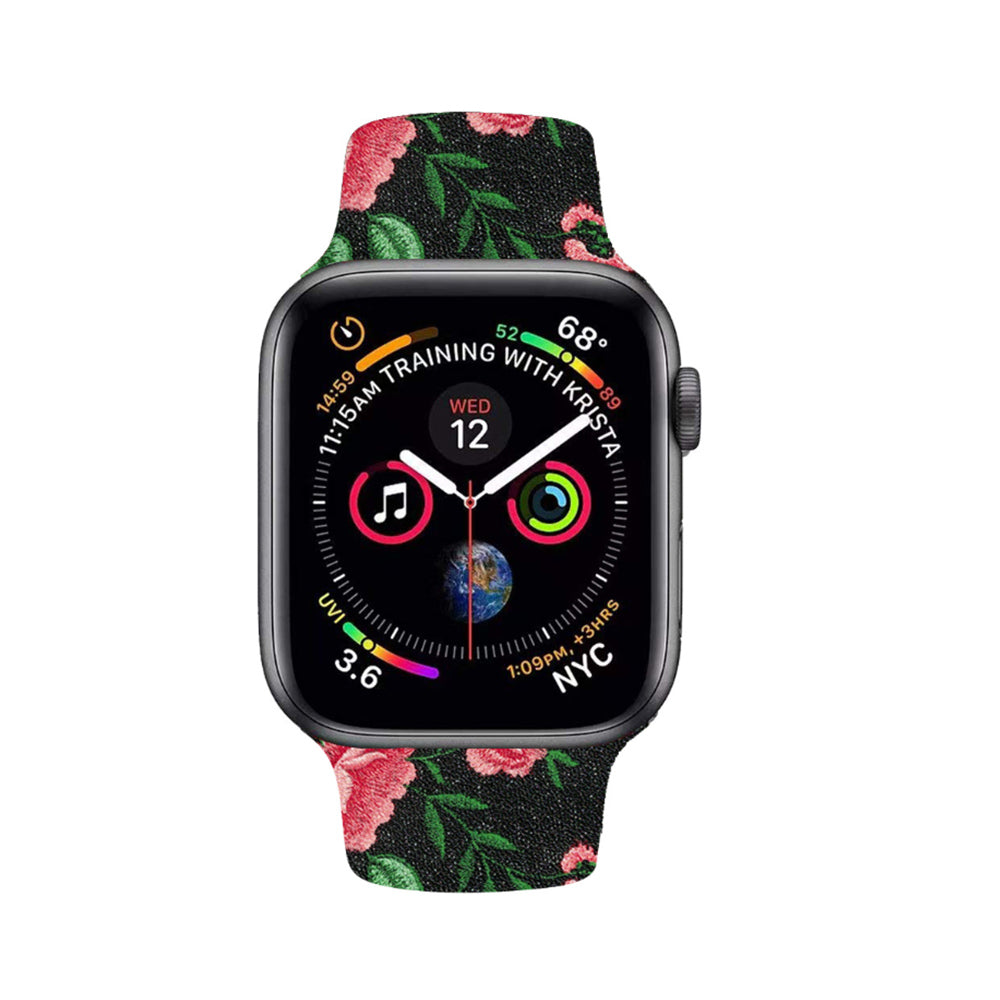 Color Printing Silicone Watch Band For Apple Watch SE/6/5/4/3/2/1(Black Red Fower)