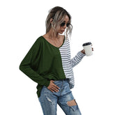 Womens Striped V-Neck Long Sleeve Tops-Green