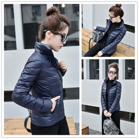 Lookbook Womens Lightweight Puffer Jacket Winter Stand Collar Short Coat-Navy Blue