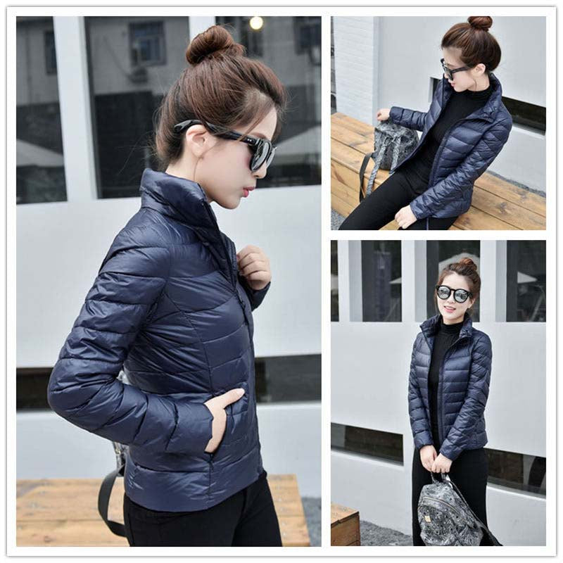 Lookbook Womens Lightweight Puffer Jacket Winter Stand Collar Short Coat-Navy Blue