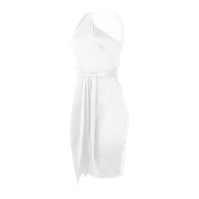 Solid Color Sleeveless Sloping Shoulder Strap Party Cocktail Dress-White