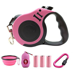 Retractable Dog Leash Lightweight Portative with Folding Bowl Dispenser Waste Bag-Pink