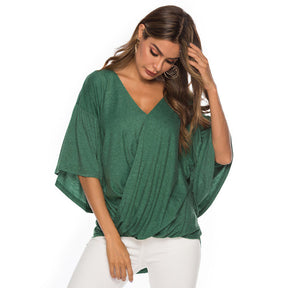 Womens Summer Ruffle Sleeve V-Neck T-Shirt Knot Tops-Green