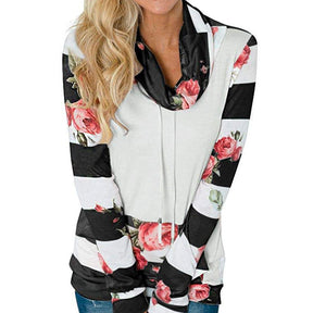 Womens Striped Floral Stack Neck Sweatshirt with Pockets-Black