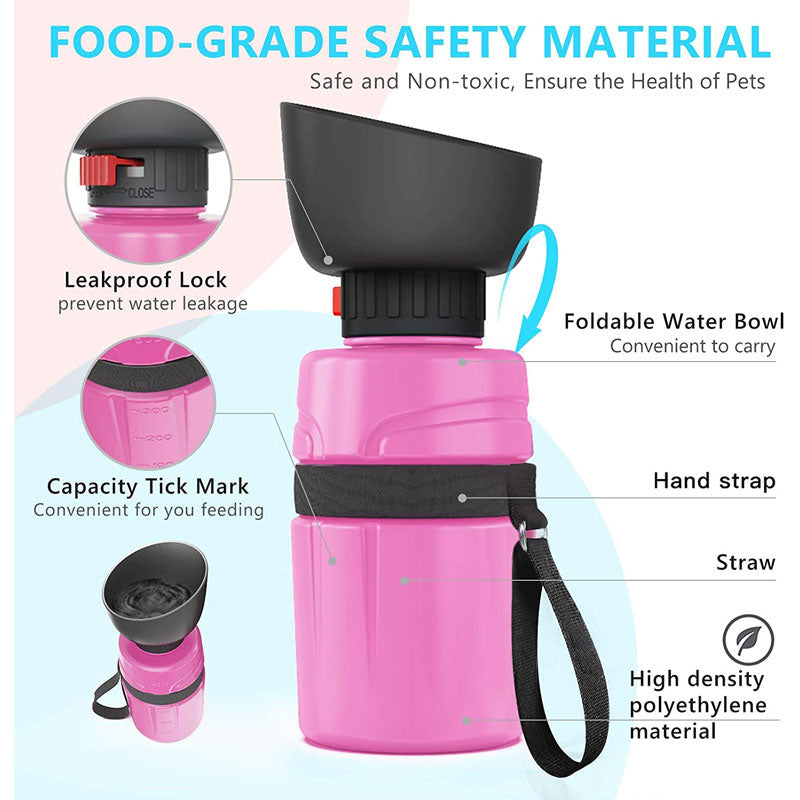 Pet Portable Water Bottles Safety Silicone Collapsible Bottle for Travel 600ML-Rose Red