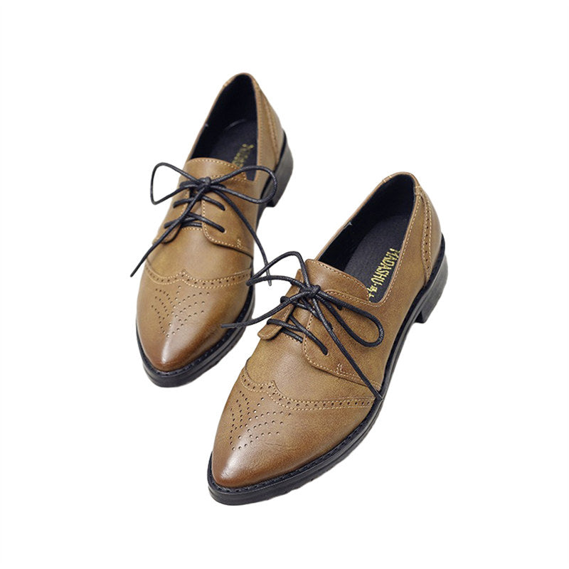 Womens Lace-up Brogue Shoes Classic Wingtip Leather Oxfords Low Heel-Brown