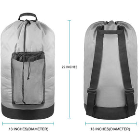 Backpack Laundry Bag With Shoulder Straps And Mesh Pocket Durable Nylon Clothes Bag for College Travel Laundromat -Gray