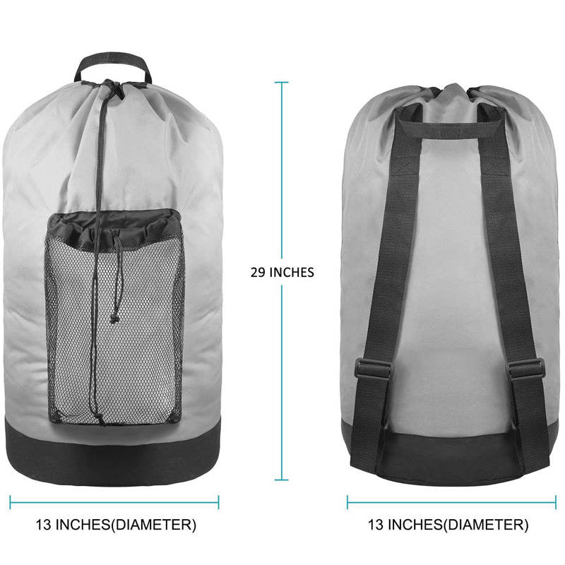 Backpack Laundry Bag With Shoulder Straps And Mesh Pocket Durable Nylon Clothes Bag for College Travel Laundromat -Gray