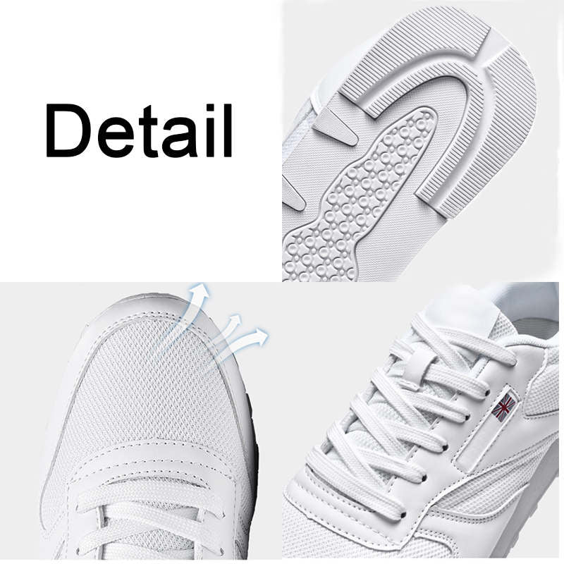 Couples Leather and Mesh Sneakers Lace up Lightweight Cushioned Sport Shoes-White