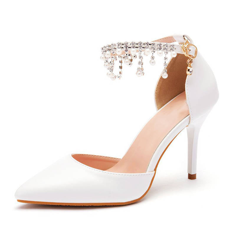 Pointed Toe High Heel Pearl Ankle Strap Wedding Dress Pump-White