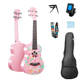 Mahogany Wooden Ukulele Beginner Pack Instrument All in One Kit for Girls Boys-Peach