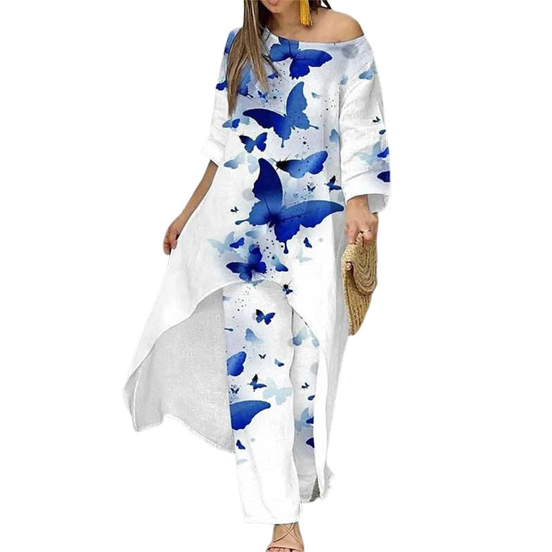 Womens Off Shoulder Irregular Printed Cropped Sleeve Wide Leg Pants Suit-2