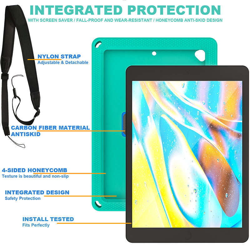 iPad Case With Handle Stand Shoulder Strap for iPad7/iPad8/iPad9 10.2/iPad10.5-GreenBlue