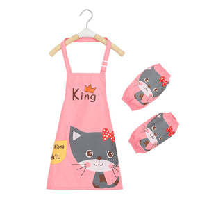 Kids Waterproof Apron Cooking Bib with Sleeve Covers for Painting-Pink Cat