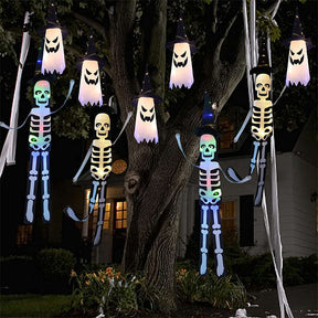 2 Pack Large Hanging Lighted Glowing Skeleton Flag for Indoor Outdoor Yard Decor-White Light