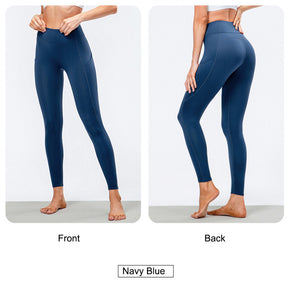 Womens Fleece Leggings with Pockets Tummy Control Thermal Yoga Pants-Blue