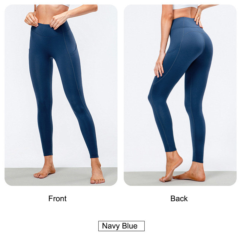 Womens Fleece Leggings with Pockets Tummy Control Thermal Yoga Pants-Blue