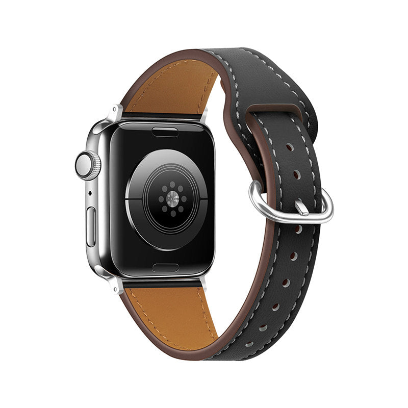 Apple Watch Strap Solid Color Leather for iWatch Series 7/SE/6/5/4/3/2/1-Black