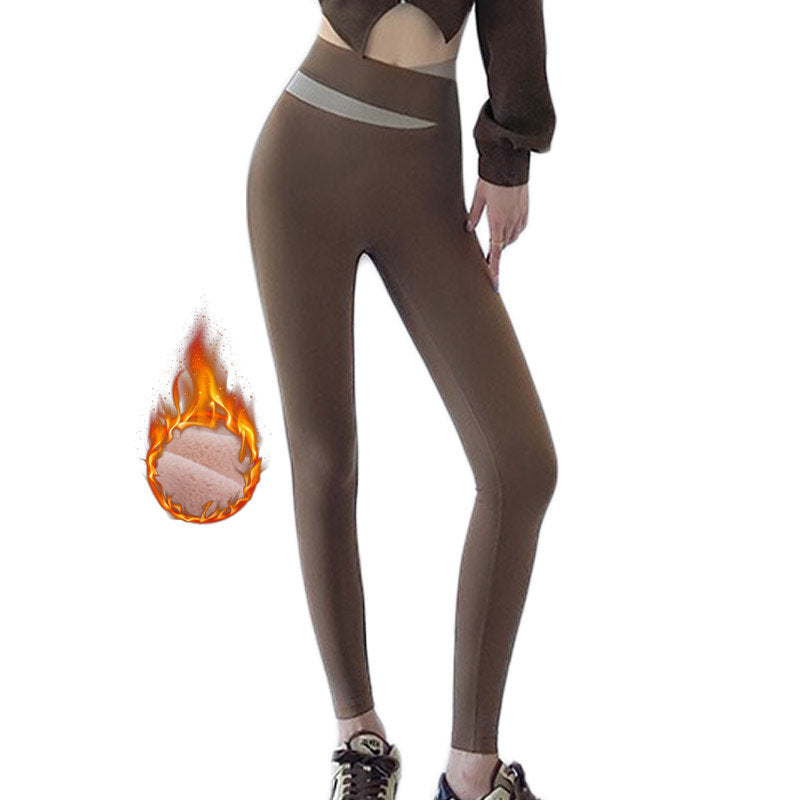 Womens Leggings Thin Fleece Tummy Control Yoga Pants for Winter-Coffee