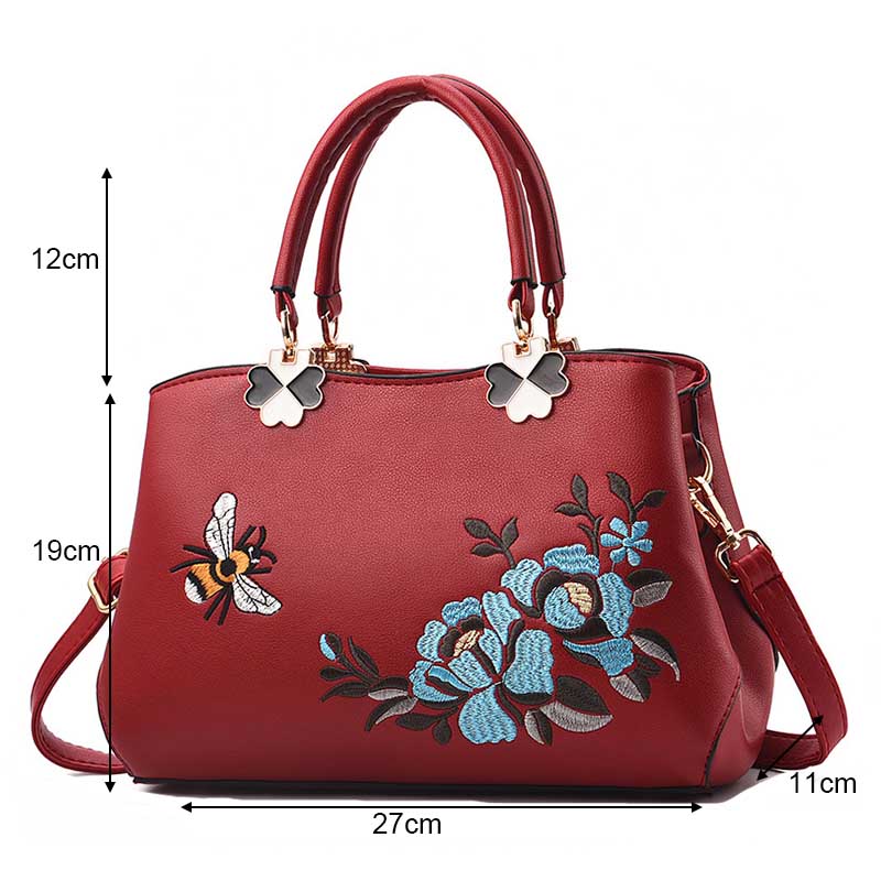 Women Satchel Bags Crossbody Embroidery Handbags-Wine Red