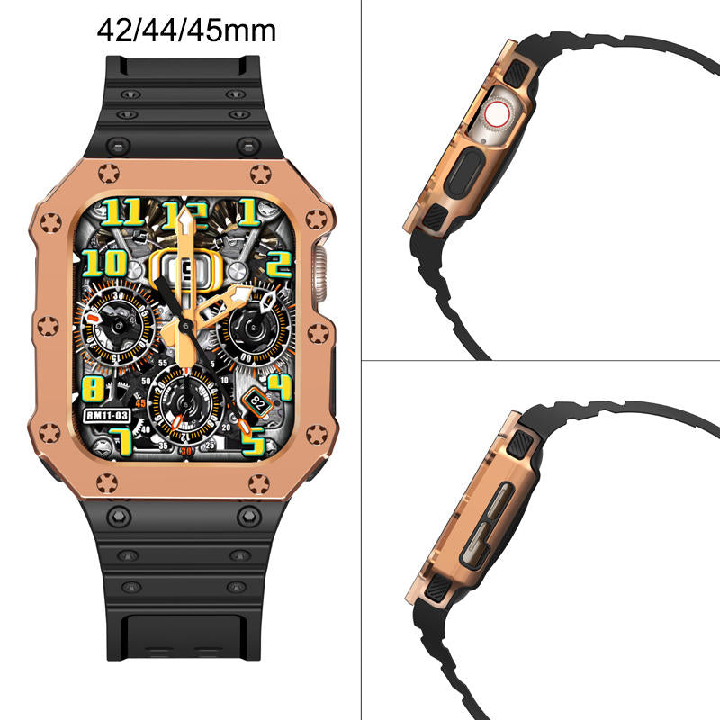 Sport Rugged Watchbands with Bumper Case Compatible for Apple Watch-RoseGold Black