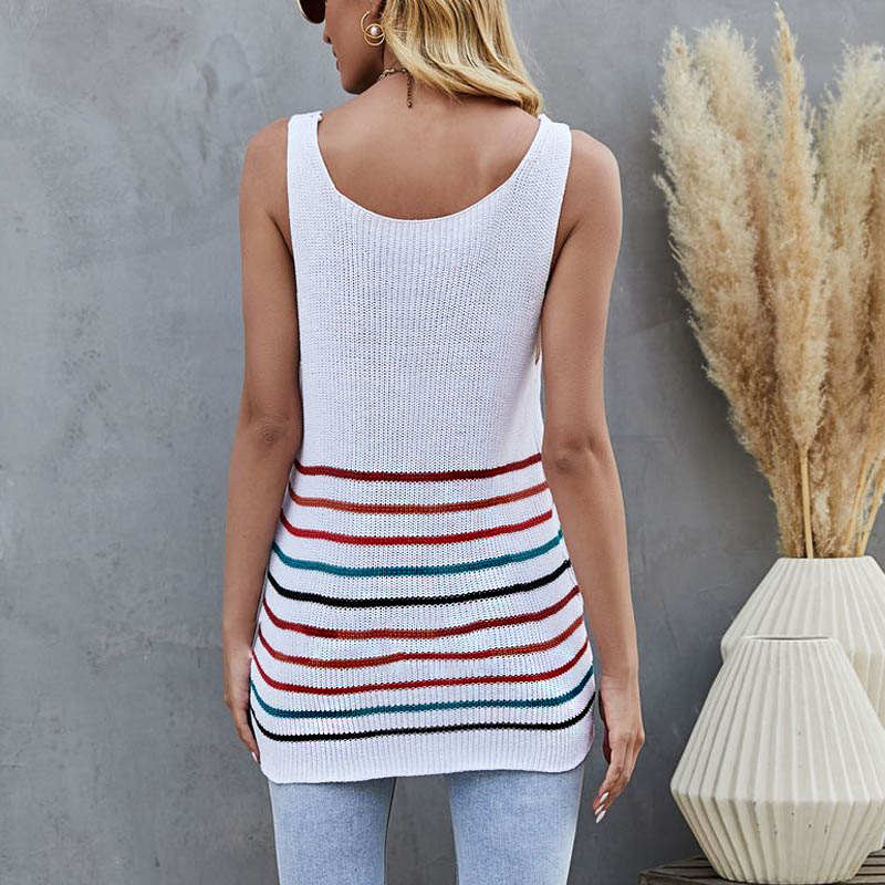 Womens Sleeveless V-neck Knitted Vest Summer Casual Loose Shirt-White