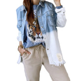 Women Ripped Denim Jacket Boyfriend Mid Long Trucker Coat-BlueWhite