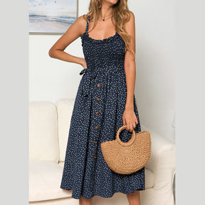 Womens Summer Suspenders Ruffle Polka-dot Printed Dress-DarkBlue