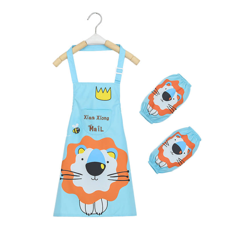 Kids Waterproof Apron Cooking Bib with Sleeve Covers for Painting-Blue Lion