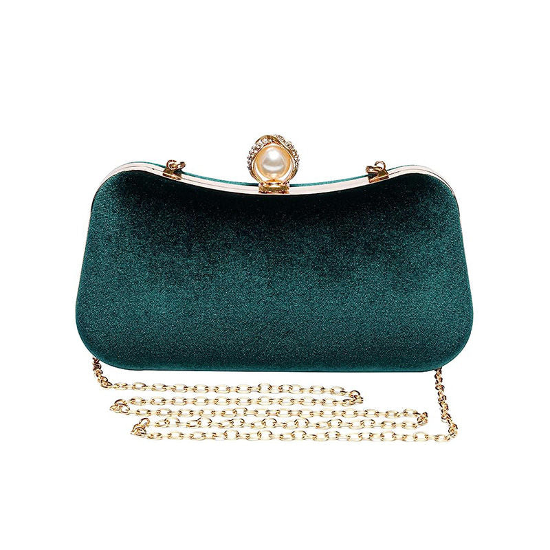 Velvet Evening Bags for Women With Flower Rhinestone Pearl for Party Wedding-Green