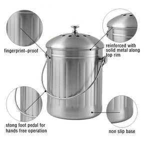 Stainless Steel Compost Bin for Kitchen Countertop Includes Charcoal Filter