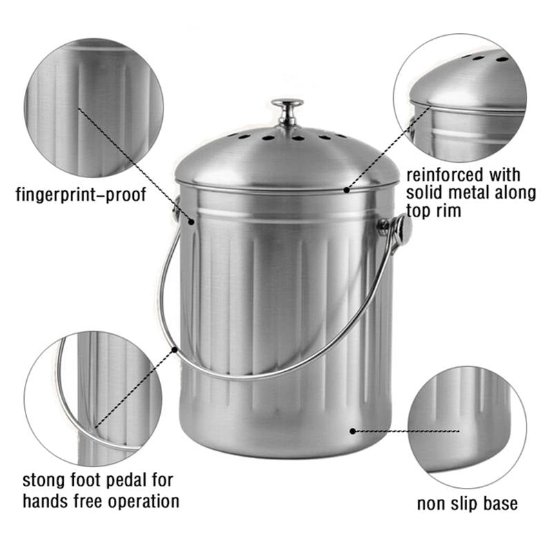 Stainless Steel Compost Bin for Kitchen Countertop Includes Charcoal Filter