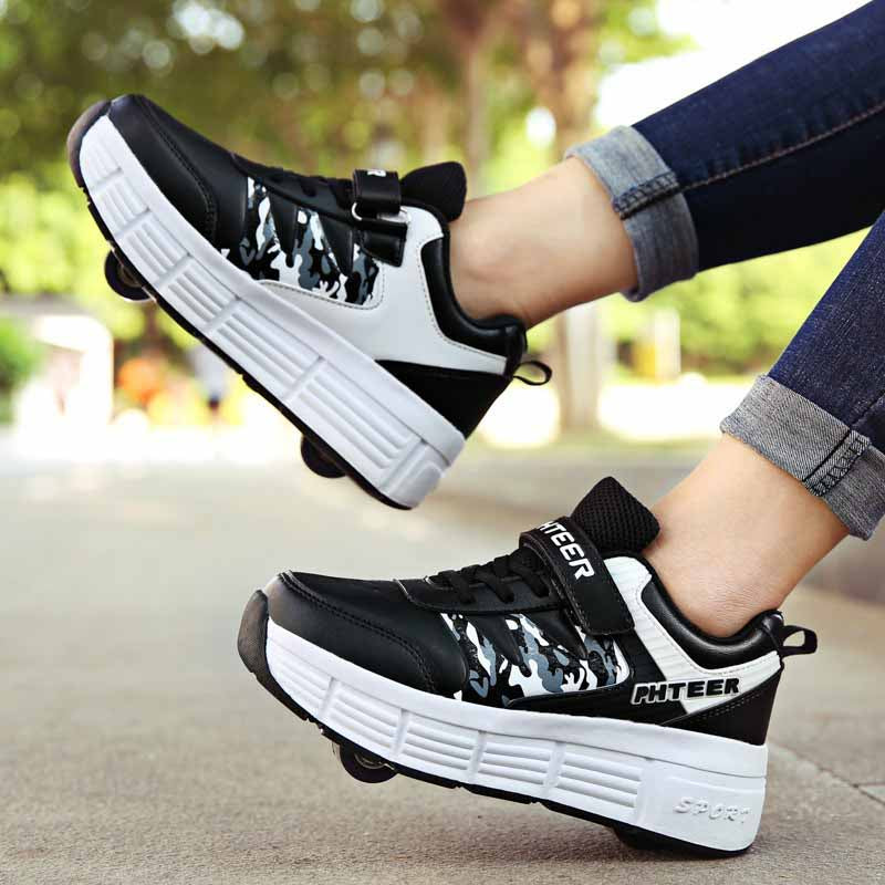Childrens Roller Skate Shoes Sneaker with Double Wheel-918 Black White