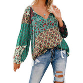 Womens V-neck Casual Boho Floral Print Long Sleeve Shirts-Green