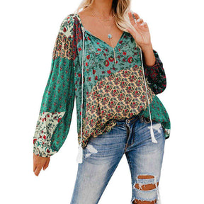 Womens V-neck Casual Boho Floral Print Long Sleeve Shirts-Green