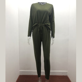 Women Loose Solid Color Long Sleeve Top Casual Drawstring Pants with Pockets-ArmyGreen