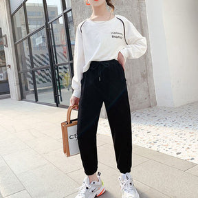 Girls Joggers Long Pants Pockets Outdoor Casual Trousers with Drawstring Splicing-Black