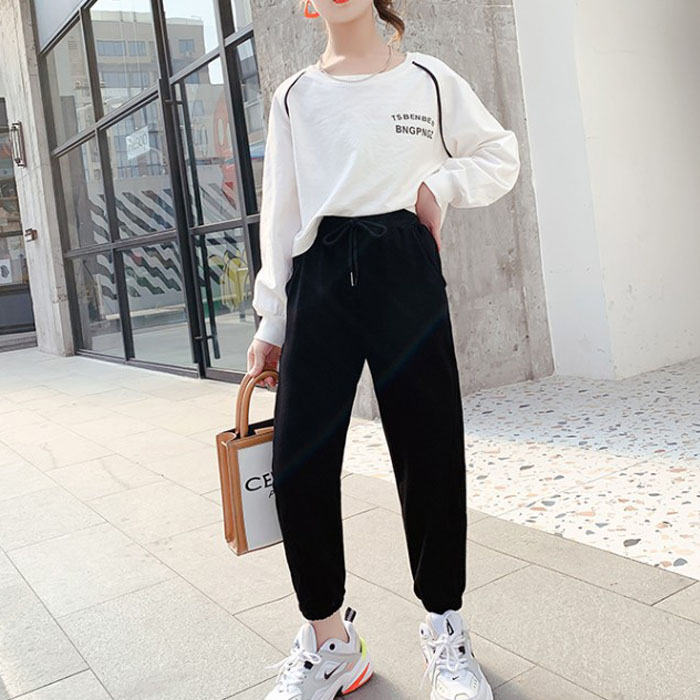 Girls Joggers Long Pants Pockets Outdoor Casual Trousers with Drawstring Splicing-Black
