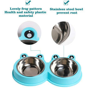 Double Dog Cat Bowls Cute Modeling No-Slip Stainless Steel Pet Bowls-Blue