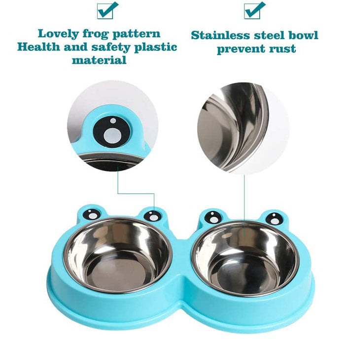 Double Dog Cat Bowls Cute Modeling No-Slip Stainless Steel Pet Bowls-Blue