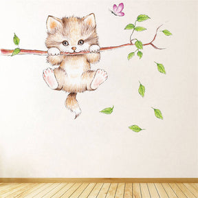 Cartoon Cat On The Tree Branches Wall Stickers Removable Kitty Wall Art Decoration