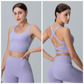V Neck Longline Sports Bras Padded Wirefree Stretchy Yoga Camisole-Purple