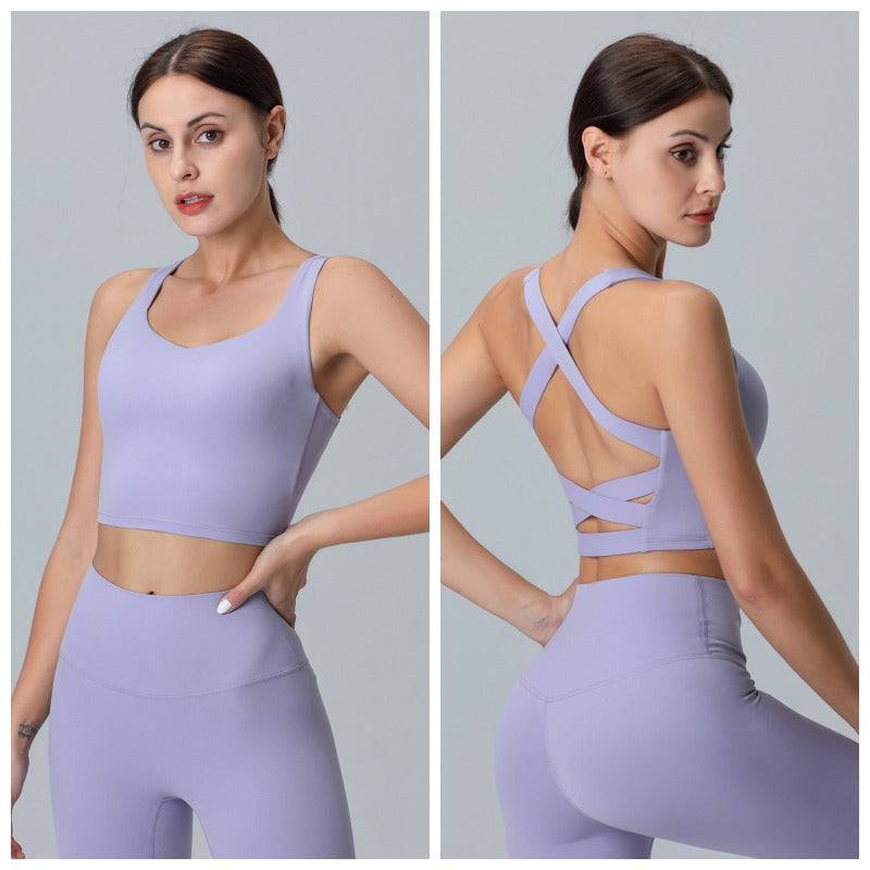 V Neck Longline Sports Bras Padded Wirefree Stretchy Yoga Camisole-Purple