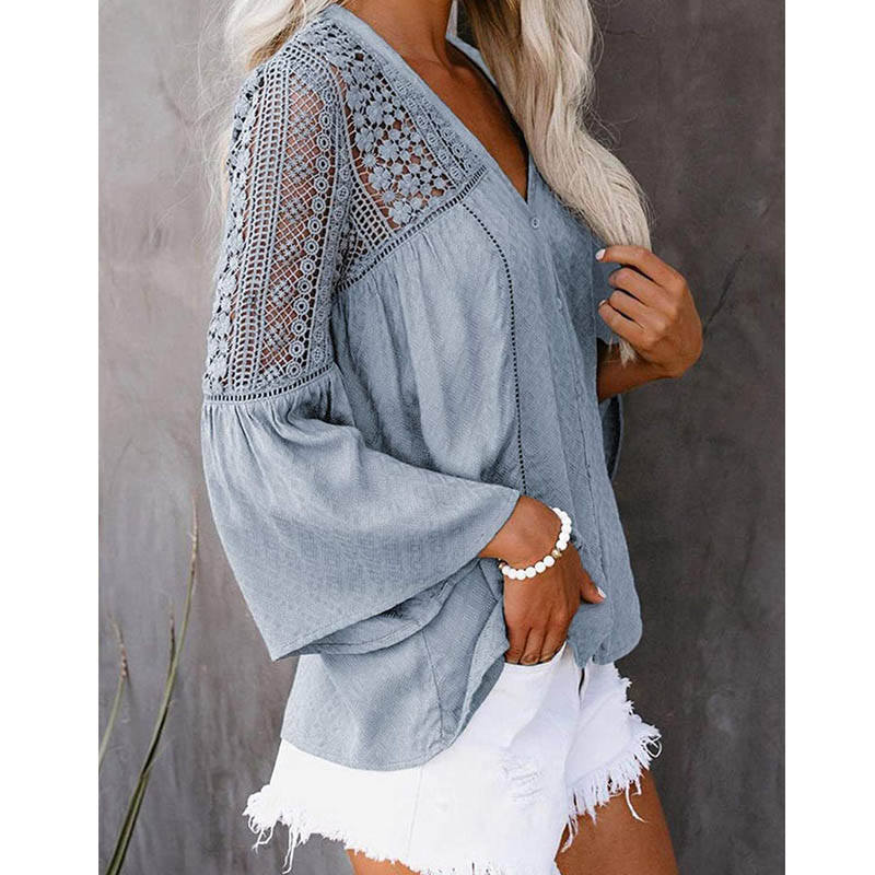 Womens V-neck Lace Crochet Shirt Flare Sleeve Buttoned Blouses-Sky Blue