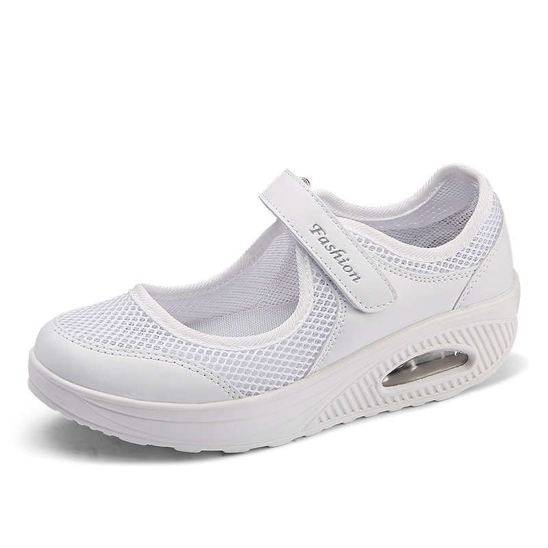 Women Casual Air Cushion Sneakers Velcro Mary Jane Shoes-White