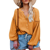 Womens Deep V Neck Lantern Sleeve Blouse Button Down Pullover Tops-Yellow