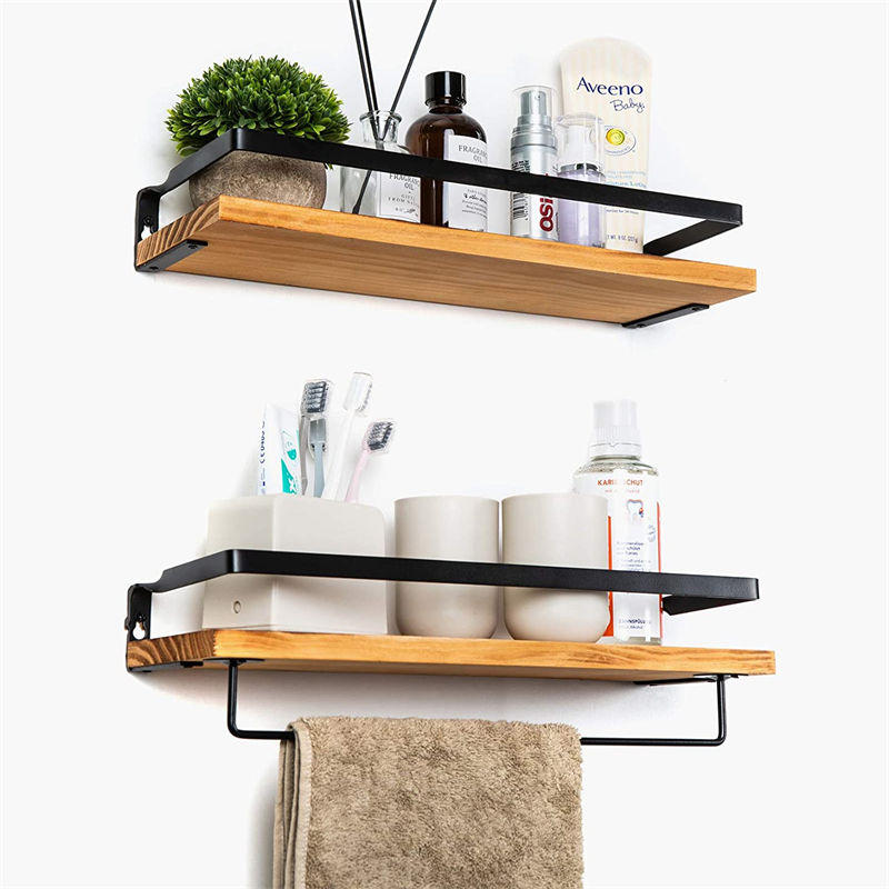 Floating Shelf Wall-mounted Storage Rack for Kitchen and Bathroom 2-piece Wooden Set-Carbonized Black