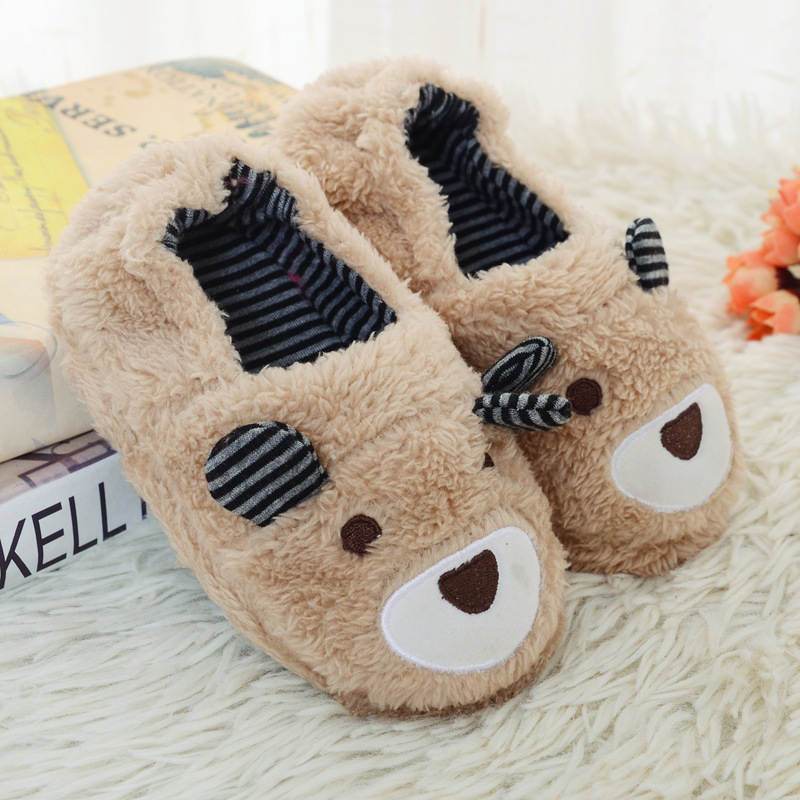 Toddler Boys Girls Slippers Cute Cartoon Bear Plush Warm Home Shoes-Beige