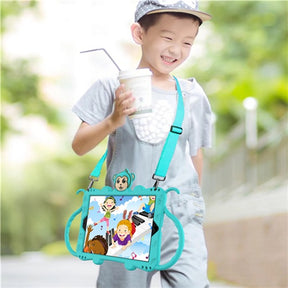 Monkey iPad Case Cartoon Kids Anti-fall Protective Cover Bulit-in Kickstand+Neck Strap With Pencil Holder For iPad 7 10.2inch 2019-Aqua